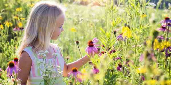Young girl admiring wildflowers 