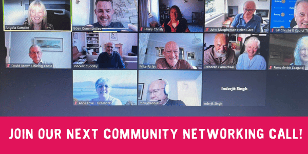 Join our next community networking call text and image of Zoom participants