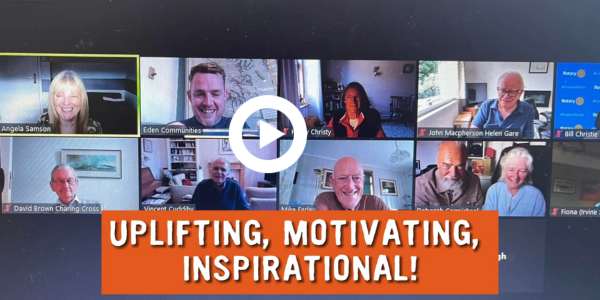 Film still: Introduction to Community Action course participants and text: 'Uplifting, motivational, inspirational!'