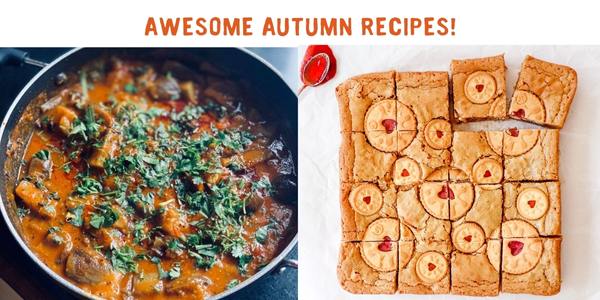 Caribeean stew and jamie dodger blondies with text: Awesome Autumn recipes