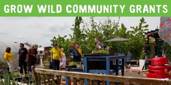 Group of people chatting in community garden with text: 'Grow Wild Community Grants'