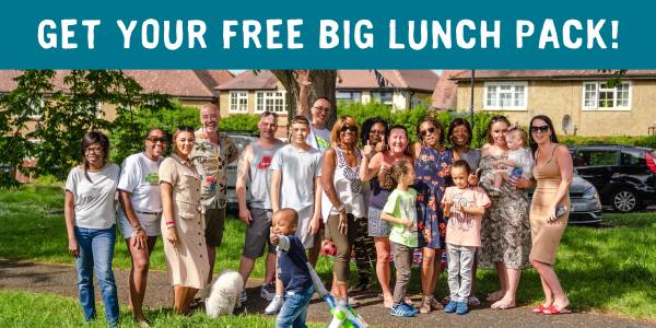 Group of residents at a Big Lunch on a green with houses behind and text: 'Get your free Big Lunch pack!'