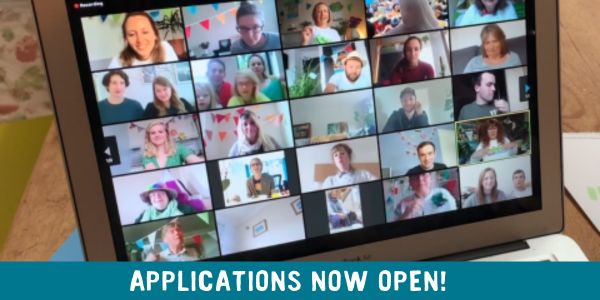 Participants of online Introduction to Community Action course with text: 'Apllications now open! Introduction to Community Action course'