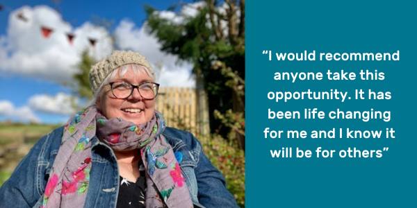 Course participant smiling outside with quote: "I would reccommend anyone take this opportunity. It has been life changing for me and I know it will be for others."