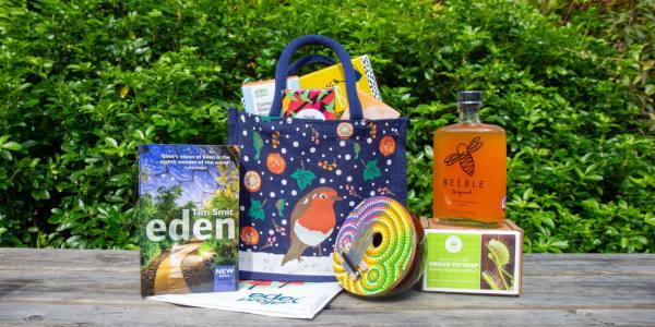 Tim Smit's Eden book and sustainable gifts from the Eden Project shop photographed outside