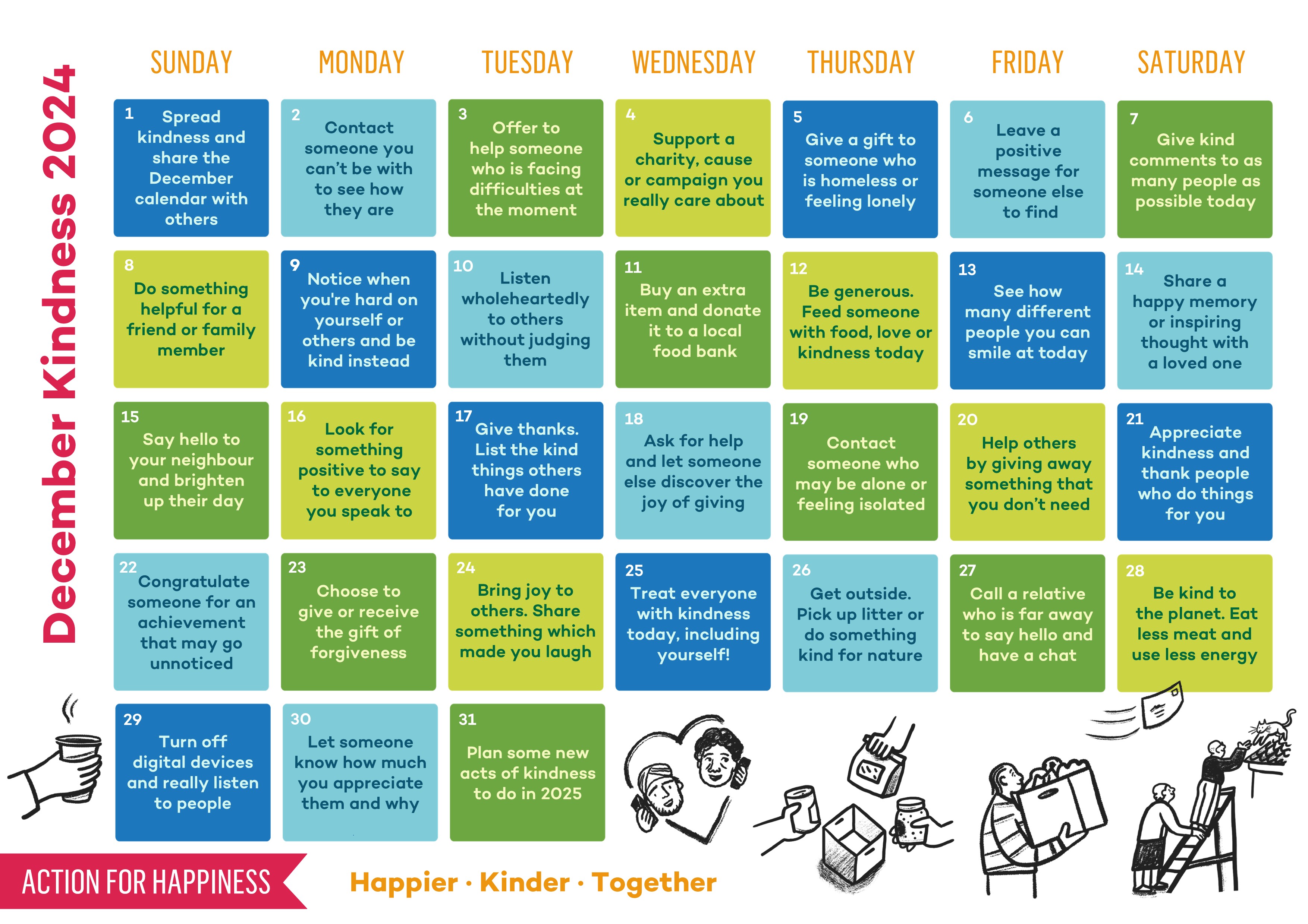 Action for Happiness Do Good December calendar with ideas on each date to do something good 