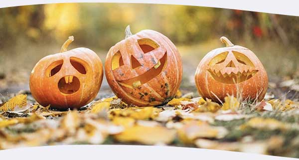 Pumpkins with faces carved out on autumn leaves